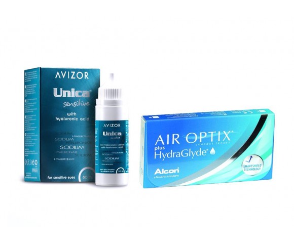 Контактные линзы Air Optix plus HydraGlyde 3 шт. + раствор Avizor Unica 60 мл